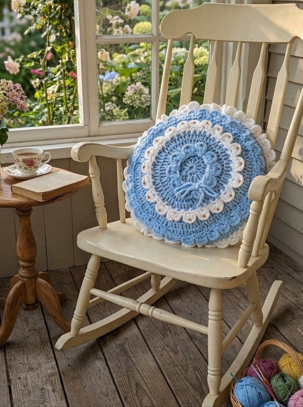 Handmade cottagecore Round Crochet Pillow in Blue and White Diameter 16"